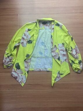 Neon Yellow Floral Draped Blazer Lightweight Open Front Jacket M